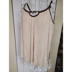 Rotita Pleated Beaded Keyhole Tankini Swim Top Cream/Brown Ric Rac Trim Large